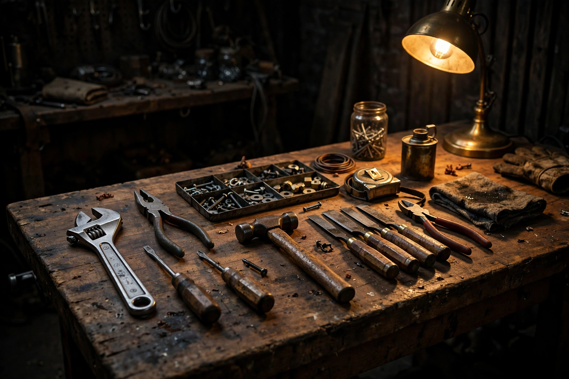 A well-worn wooden workbench with hand tools under warm lamplight
