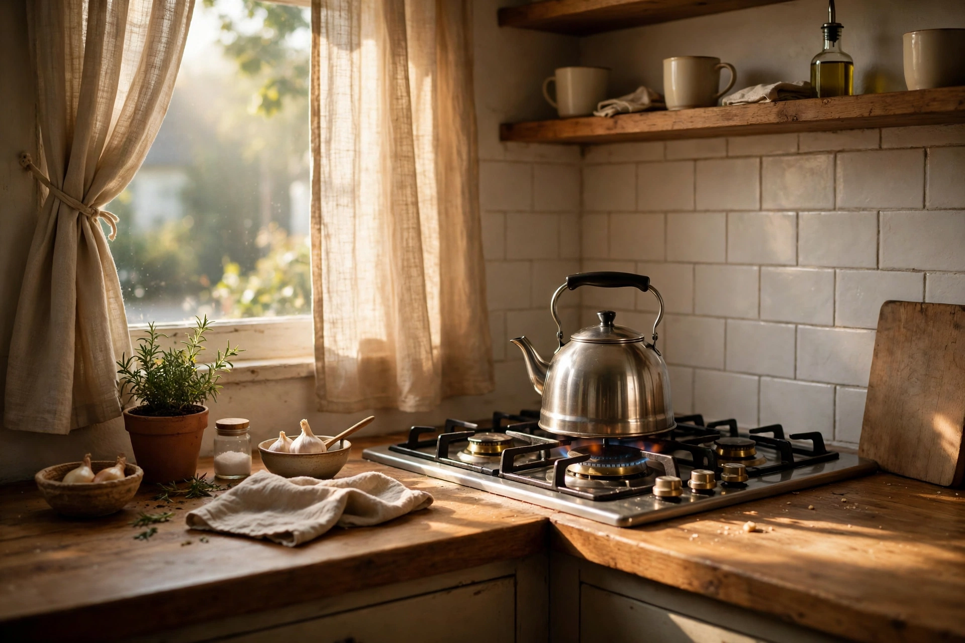 A cozy kitchen corner with a kettle on the stove in warm morning light