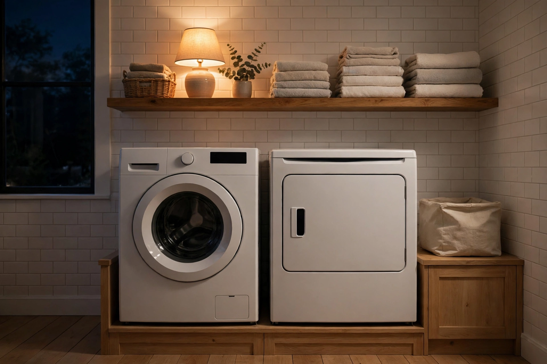 A quiet laundry room with a washer and dryer in warm lamplight